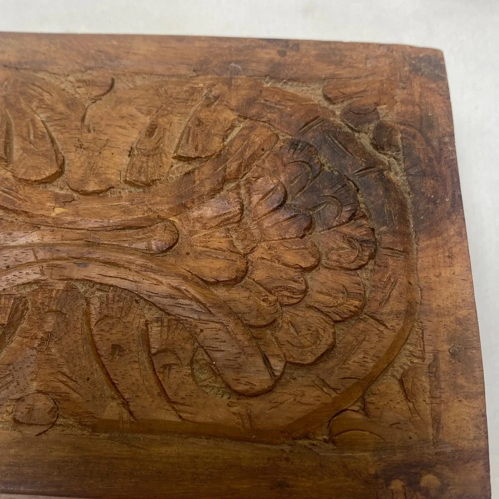 Hand‎ Carved Wooden Trinket Box Jewelry Keepsake Blue Velvet Lined